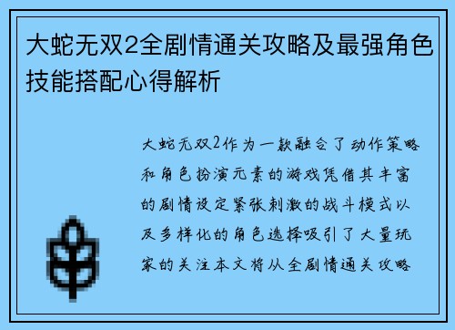 大蛇无双2全剧情通关攻略及最强角色技能搭配心得解析
